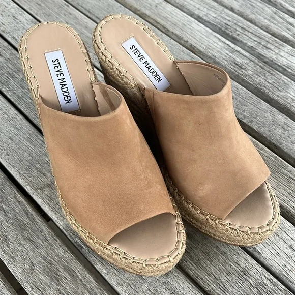 🏖️ STEVE MADDEN Beige Goring Wedge Slip On Leather Rise Shoes Women’s … - Picture 3 of 14